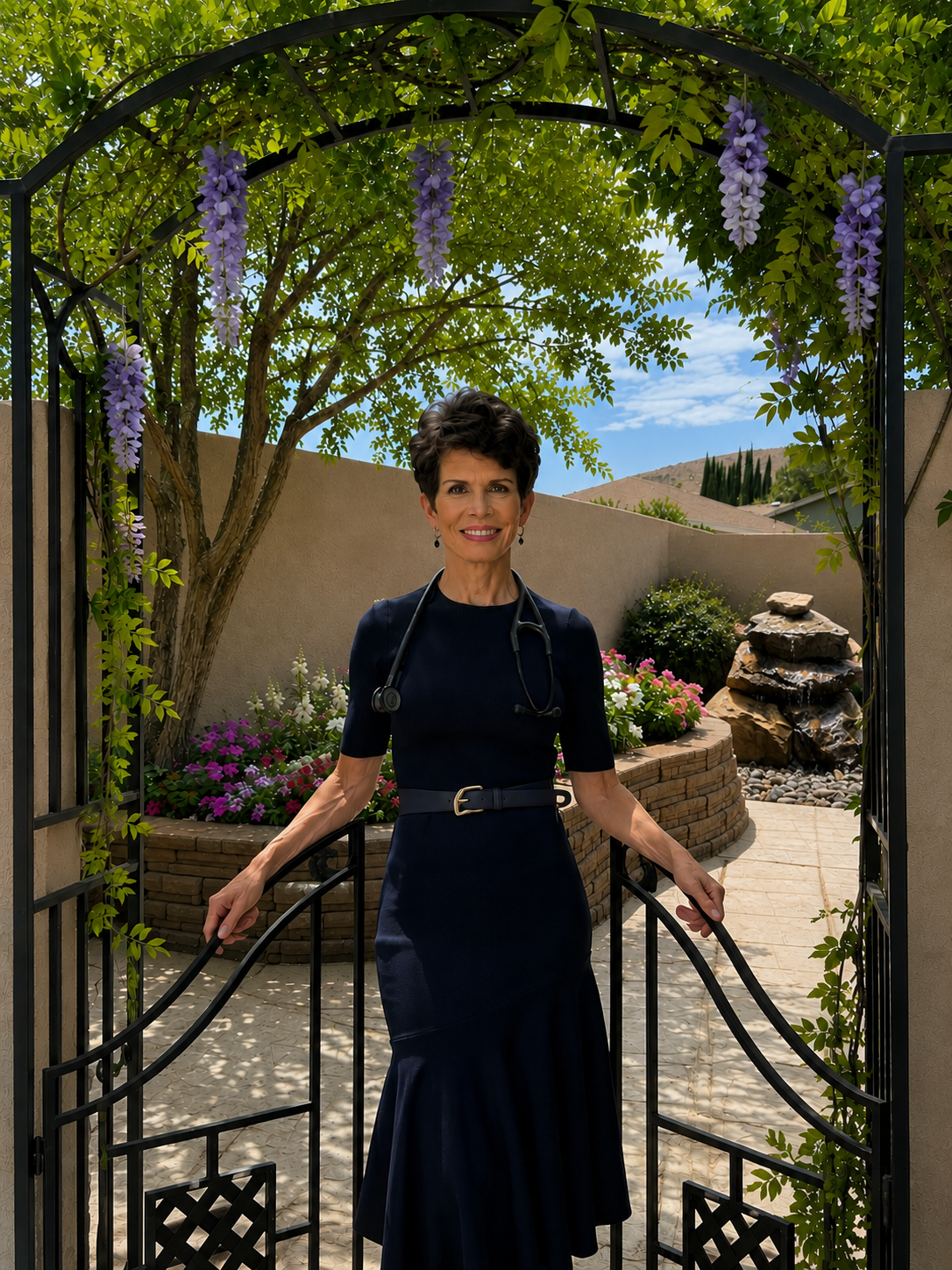 Barbara Hilton standing outdoors beneath a garden archway