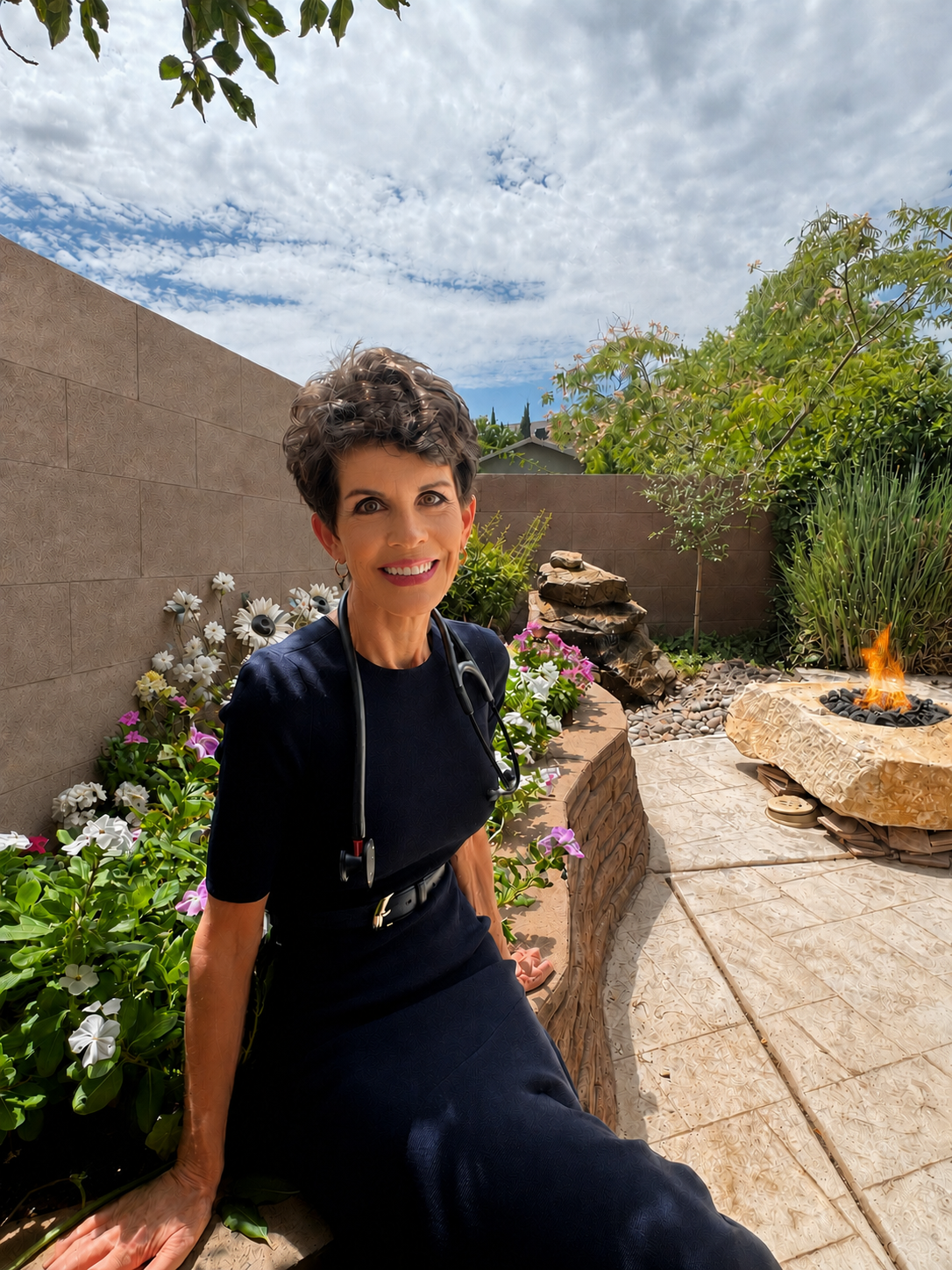 Barbara Hilton standing outdoors beneath a garden archway